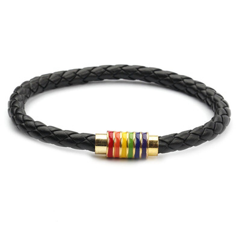 Zwart Gevlochten Leer Armband Lgbt Vrouwen Mannen Unisex Rvs Gay Pride Regenboog Magnetische Charms Armband