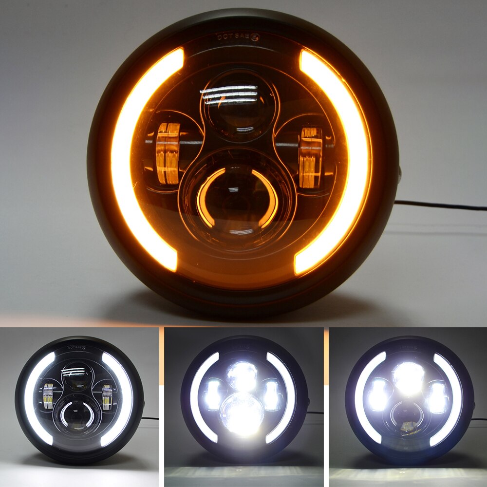 7.5 "Ronde Koplamp Met Wit/Amber Halo Ring Voor Cafer Racer Honda Suzuki Bmw 7.5 Inch Projector Led motorfiets Koplamp