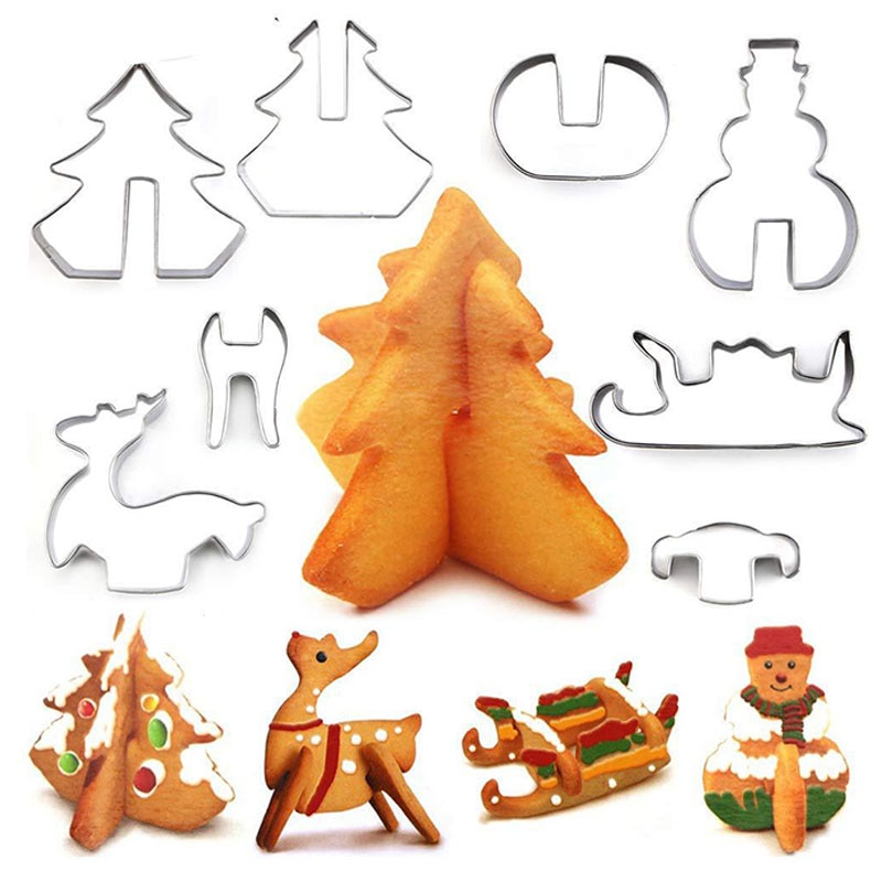 8 Stks/set Rvs Cookie Stamp Fondant Cutter Cakevorm 3D Kerstboom Herten Sneeuwpop Vorm Cookies Cutter Bakken Tools