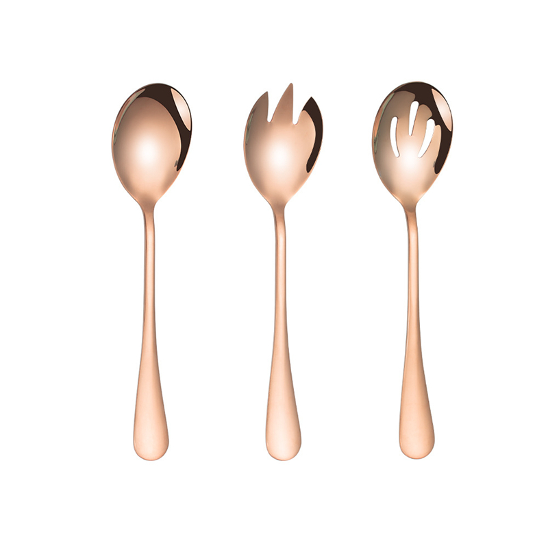 3Pcs Salad Serving Spoon Fork Set Mix Spoons Pot Porridge tool Public Restaurant Serving Kitchenware Using Buffet Utensil: 3pcs Rose gold