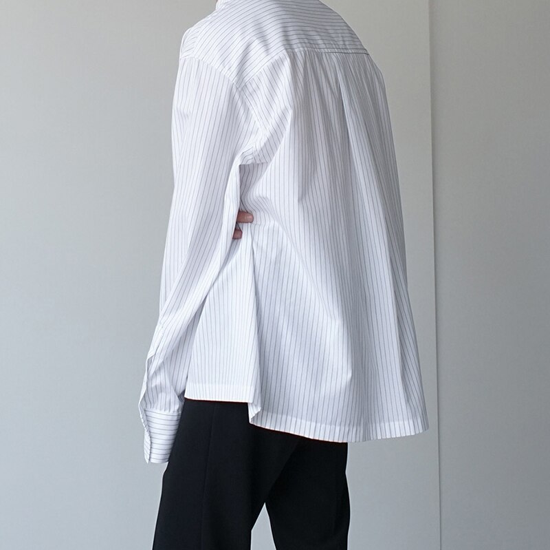 Novedad para hombre, camisa holgada informal a rayas con cuello torcido de manga larga, ropa de calle de Vintage para hombre, camisas para de Hip Hop