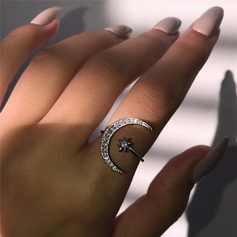Skinnende ring halvmåne & lille stjerne blændende justerbar åben fingerring ringe i enkel stil til kvinder