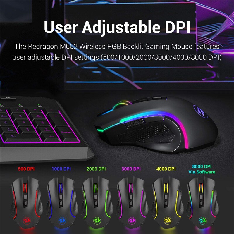 Redragon M602KS Wireless Gaming Mouse LED RGB Backlit MMO 8 Programmable Buttons Mouse Macro Recording Side Buttons For Windows