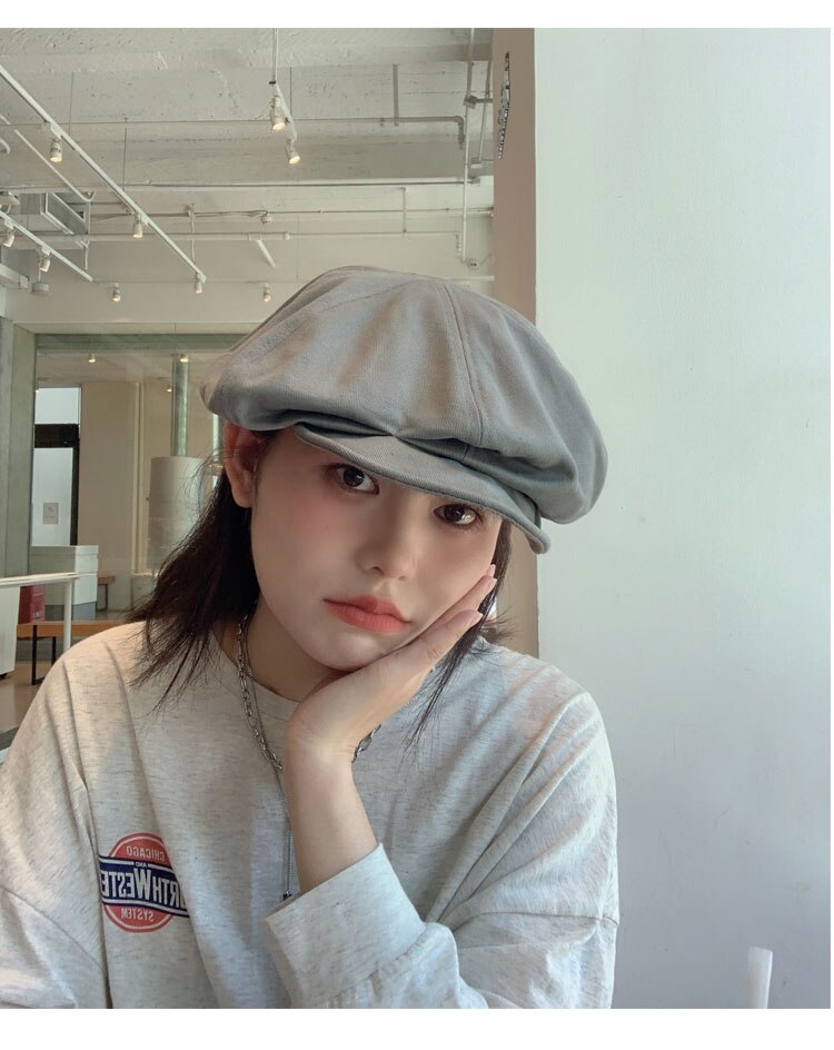 Sombreros Retro japoneses para mujer, gorro plano liso octogonal Newsboy, informal, boina, pintor, Otoño e Invierno: Gris