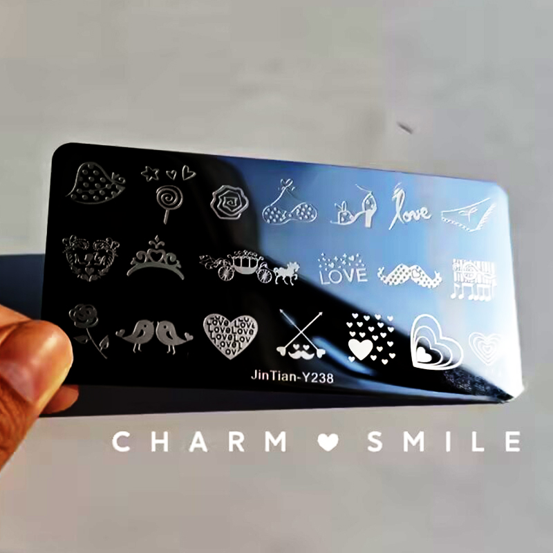 Placas de estampado de uñas con personajes de dibujos animados, amor, Día de San Valentín, estampado de hojas de flores, arco, corazón, plantillas de sellos para uñas, herramientas de decoración de uñas: Negro