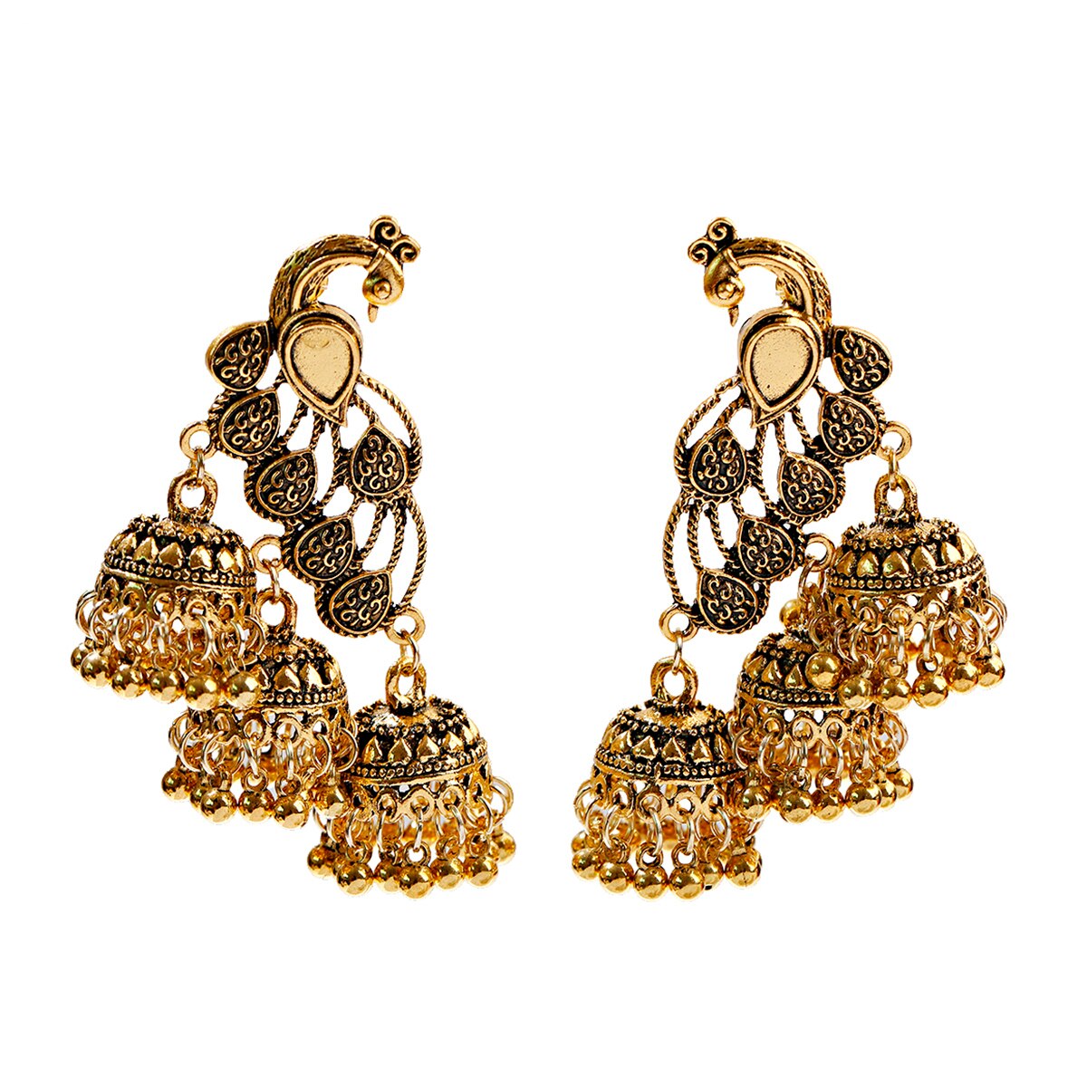 Vintage Indian Bollywood Kundan Peacock Carved Jhumka Jhumki Water Earrings Women Boho Ethnic Long Tassel Earring Jewelry: HXE252-1