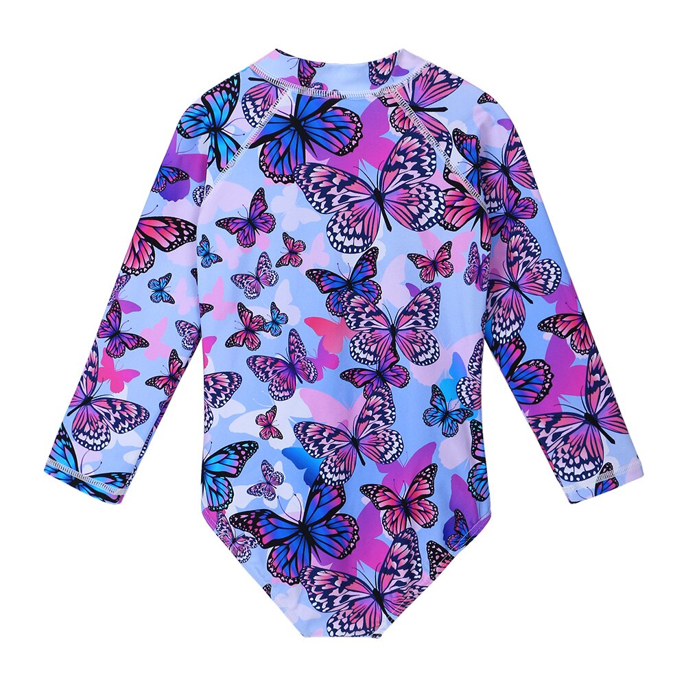 BAOHULU One Piece Long Sleeve Girls Swimwear Kids Butterfly Print Bodysuit UV 50+ Sun Protection Beachwear with Ziper