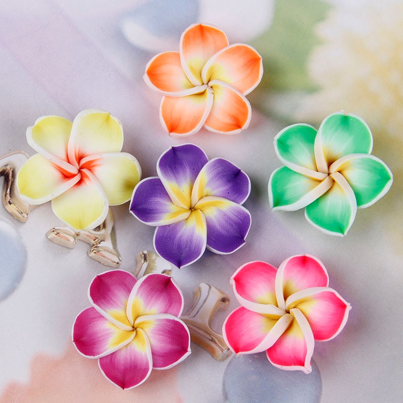 Flor de huevo de polímero suave de plumeria hecha a mano, 10 Uds., 15x6mm, cuentas de arcilla, collar, decoración para el cabello de boda, joyería