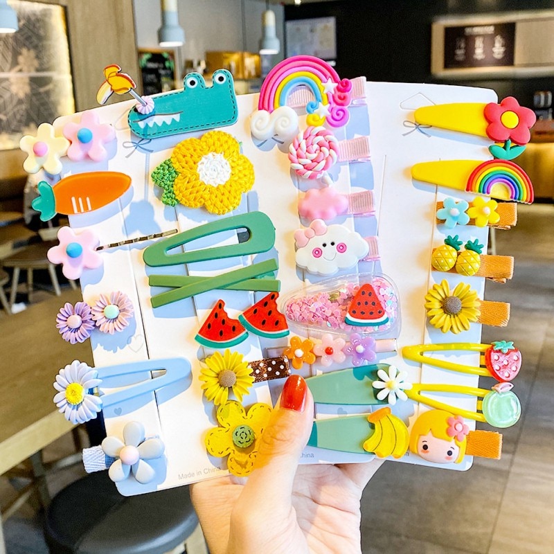 10 pçs/set crianças girassol grampos de cabelo conjunto hairpin para meninas adorável dos desenhos animados frutas flores bandana do bebê bb clipe barrettes