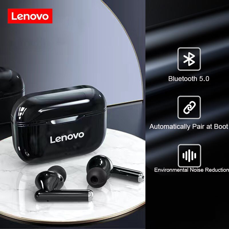 Newest in Original Lenovo LP1 Wireless Bluetooth Headset V5.0 Touch Earphone Stereo 300mAh Durable Battery IPX4 Waterproof: All black