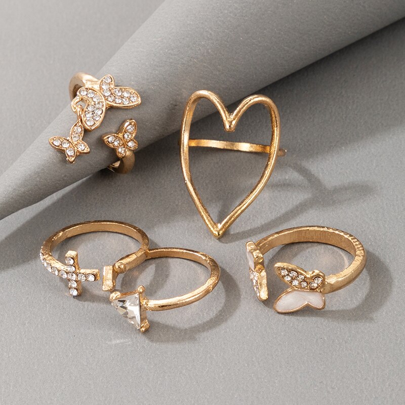 Docona 5 unids/set mariposa abierto conjuntos de anillos para dedos para las mujeres geométricos irregulares amor anillos de cristal mujer joyería