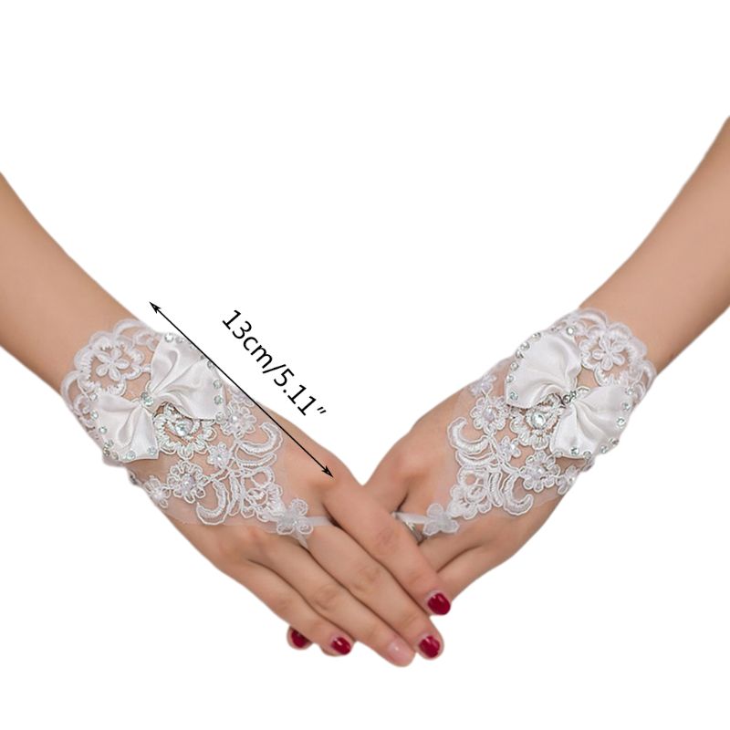 årgang palass broderi blondere korte hansker sateng sløyfe rhinestone perler justerbar bånd bryllup brude votter