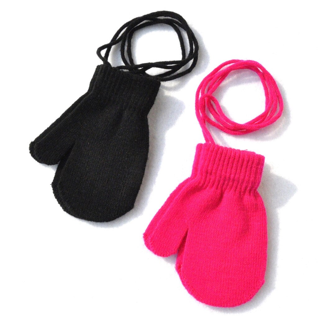 Kinderen Solid Dikke Gebreide 1-4Years Handschoenen Kinderen Winter Warm Solid Gebreide Leuke Met String 6 Kleuren Handschoenen Варежки Зимние