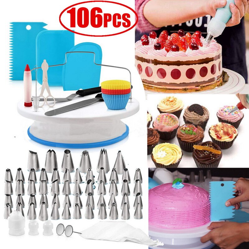 Diy Multifunctionele Cake Decorating Kit Taart Draaitafel Set Gebak Buis Fondant Tool Cake Keuken Dessert Gereedschap 106 Pcs