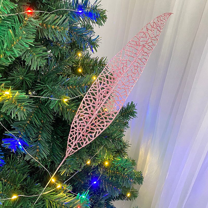Julgran dekoration blad glitter ihåliga löv jul dekorativa blomma fest bröllop leveranser år: Rosa
