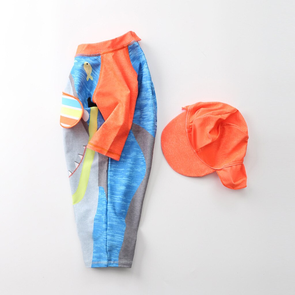 Swimsuit Child Summer Beachwear Cartoons Round Neck Girl Boy Long Sleeve Bathing Pool Beach Swimwear+Sun Protection Cap Outfit
