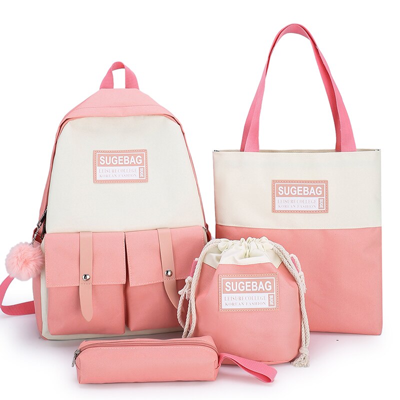 Moda tela donne zaini ad alta capacità ragazze zaini studente zaino libro borsa signore 2021 ragazze Bagpack 4 pz/set caldo: Colore rosa