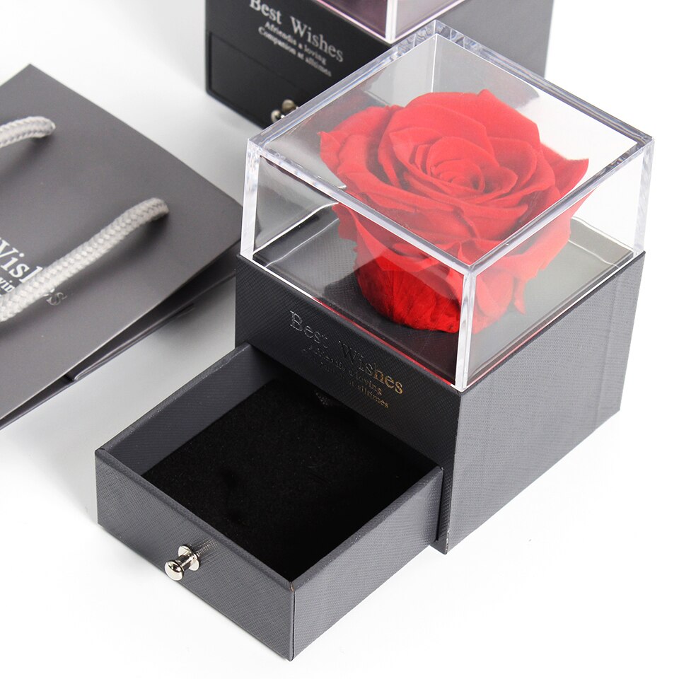Preserved Real Rose Jewelry Box with Necklace Holder Immortal Flowers Forever Blossom Wedding Birthday Set for Women: red no necklace