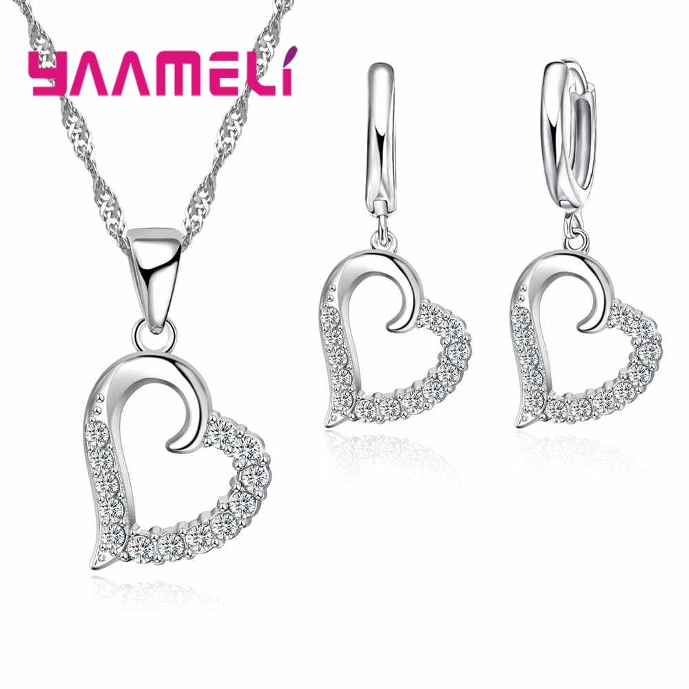 Joyería de plata de ley 925 en forma de corazón para mujeres COLLAR COLGANTE + bonitos conjuntos de pendientes boda baile cita de