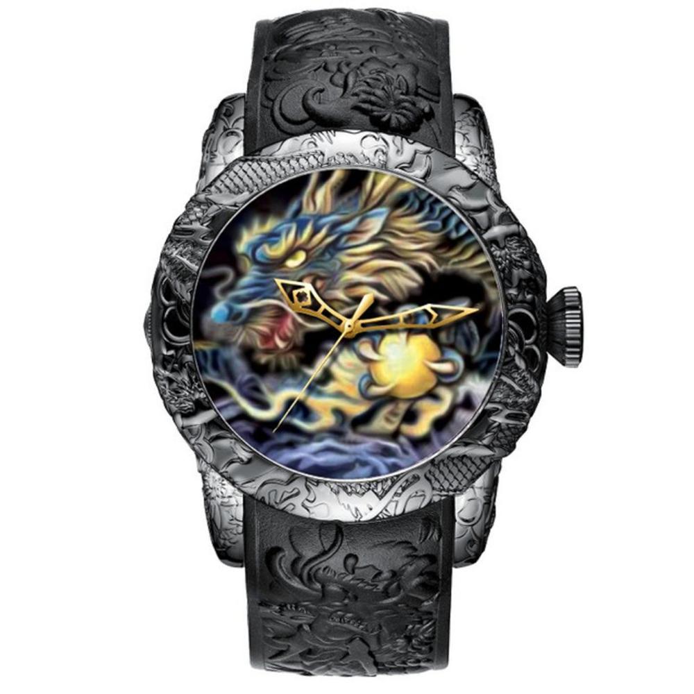 Reloj de cuarzo con escultura de dragón 3D para hombre, cronógrafo de oro negro, resistente al agua, esfera grande, , de pulsera, grabado en 3D: Abstract Dragon