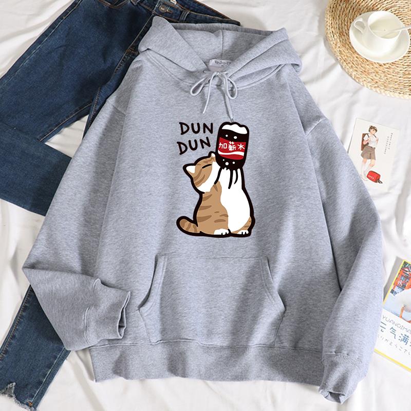 Dun Dun Gehalt Zunahme komisch Katze Drucken Hoodies Damen Herbst Übergröße Hoodie Einfache Vlies Sweatshirts Straße S-Xxl Hoody: S / Blau