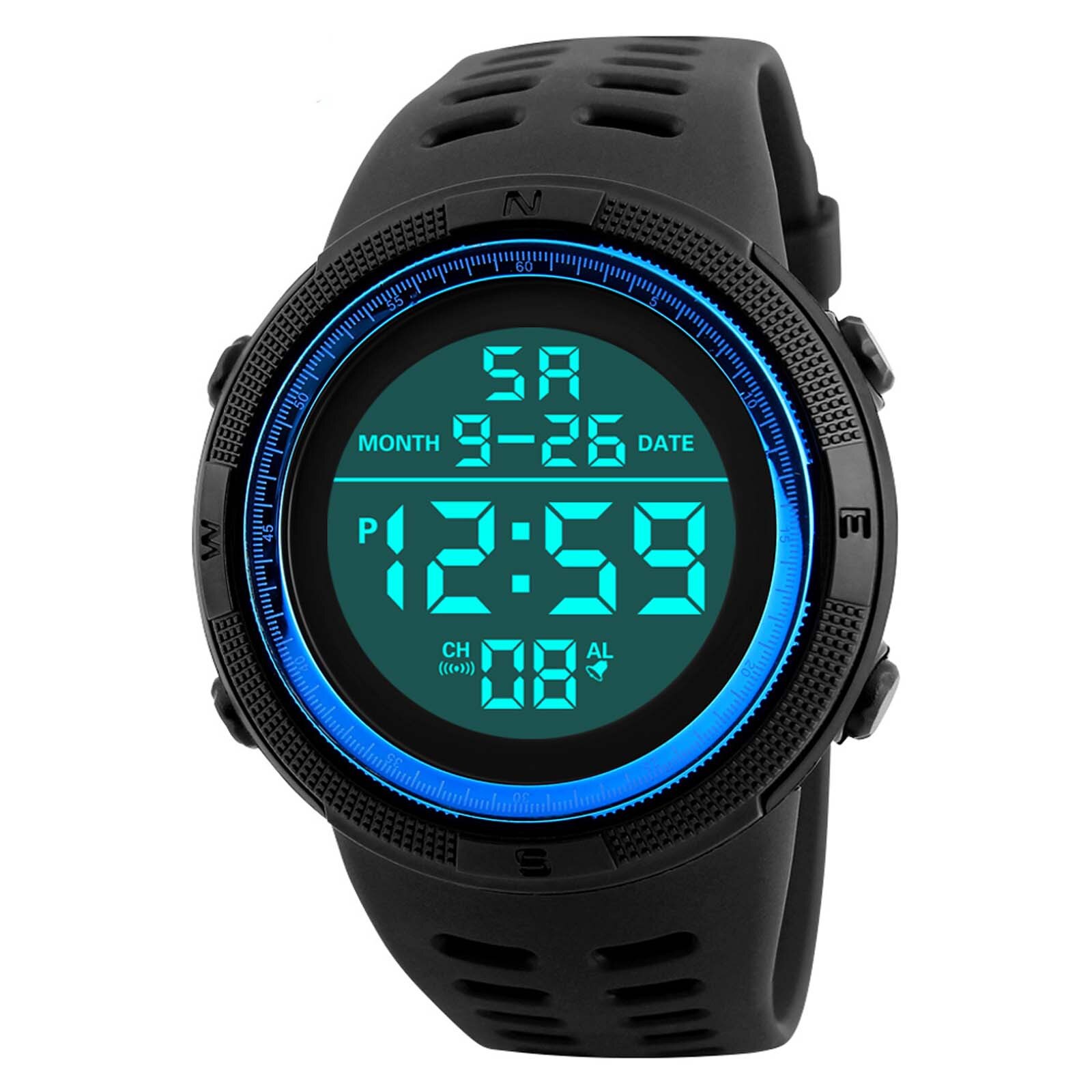 Sports Watches 50M Waterproof LED Digital Watch for Men Resin Dial PU Strap Clock Relogio Masculino Digital Watch: Blue