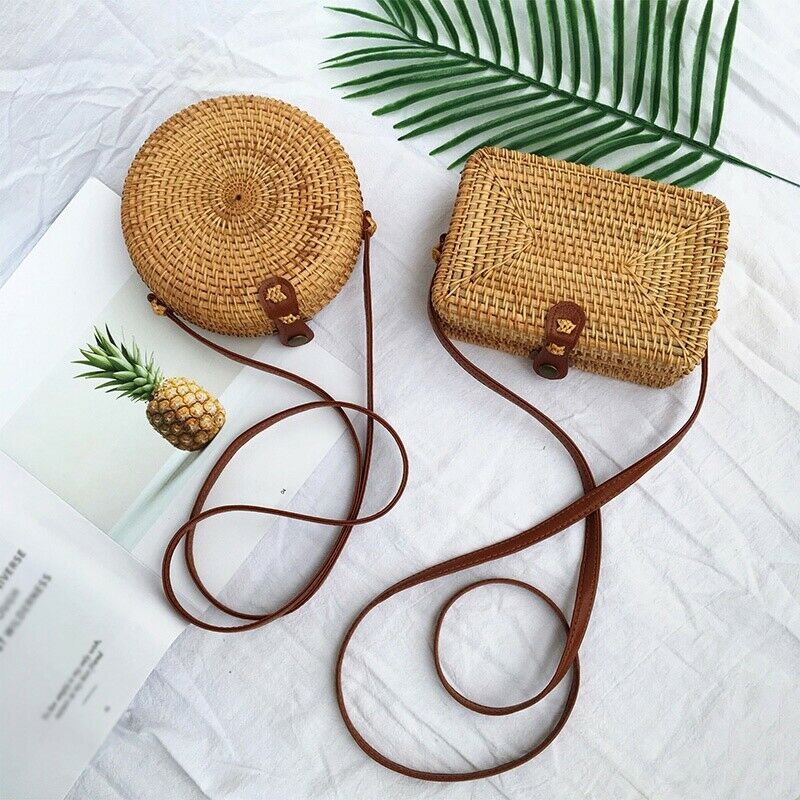 Retro style Women Hand-Woven Rattan Bag Lady Straw Purse Wicker Crossbody Beach Bag