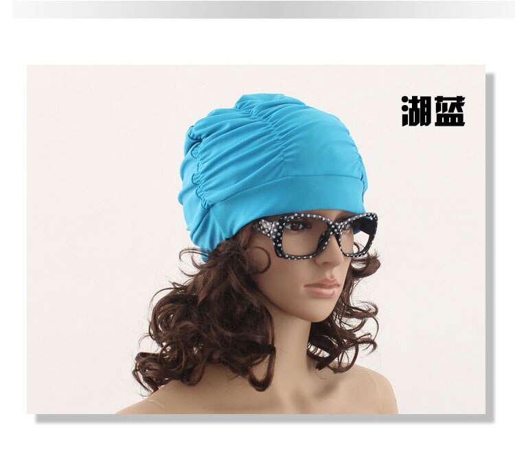 Women Swimming Cap Waterproof Elastic Swim Cap Pleated Ear Protection Beach Cap Bathing Swimming Hat: Sky Blue