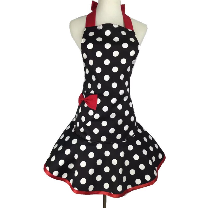 Tablier jupe à pois avec poches, noir, mignon, drôle, rétro, en coton, pour la cuisine, pour femme et fille