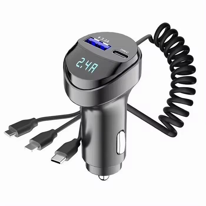Snel opladen 55W auto multifunctionele 2 poorten USB-autolader Drie-in-één USB intrekbare oplaadkabel met spanningsweergave: Default Title