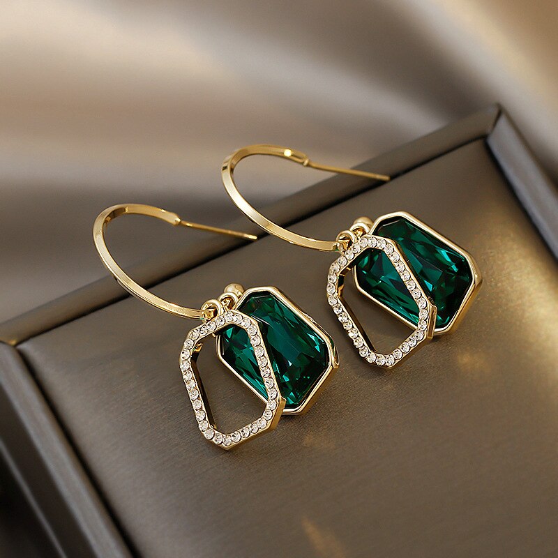 Vintage Groene Hart Crystal Earring Vrouwen Bruiloft Vierkante Zirkoon Oorbel Sieraden Engagement Banket Anniversary