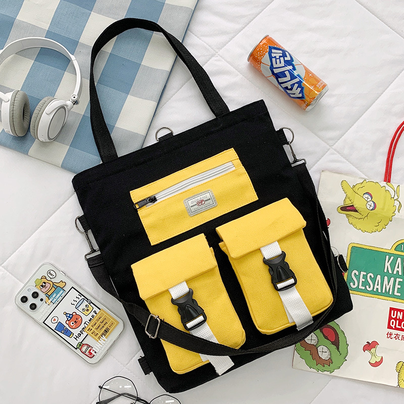 Student Backpack Book Bag Large-capacity Canvas School Class Female Bag Girls Canvas Shoulder Messenger Crossbody Bag: black