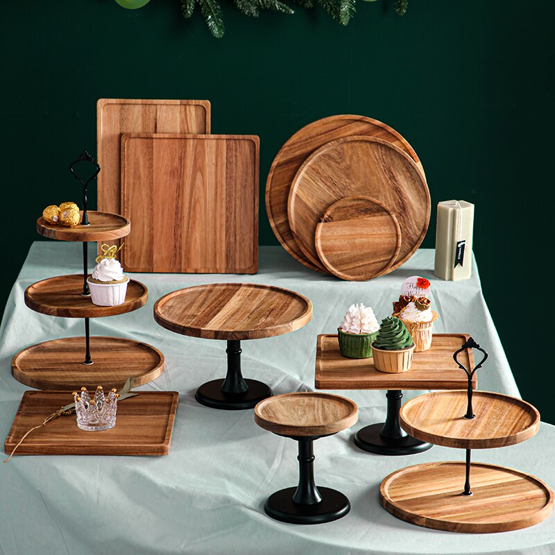 Wooden Cake Tool Set Dessert Pastry Display Stand Glass Cover Party Decoration Tall Cake Tray Home Decoration