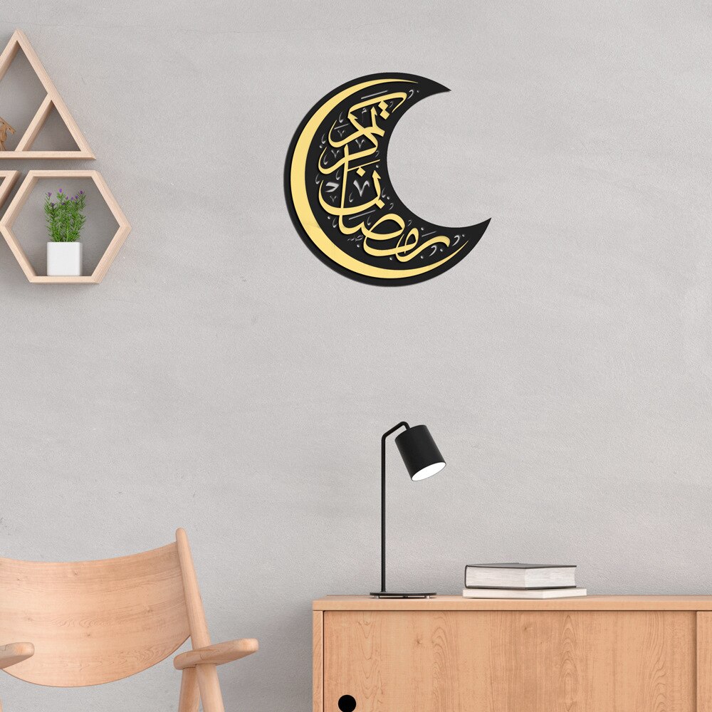 Miroir autocollant musulman Ramadan Kareem croissant acrylique, autocollant mural auto-adhésif 3D, décor mural de canapé, or argent noir
