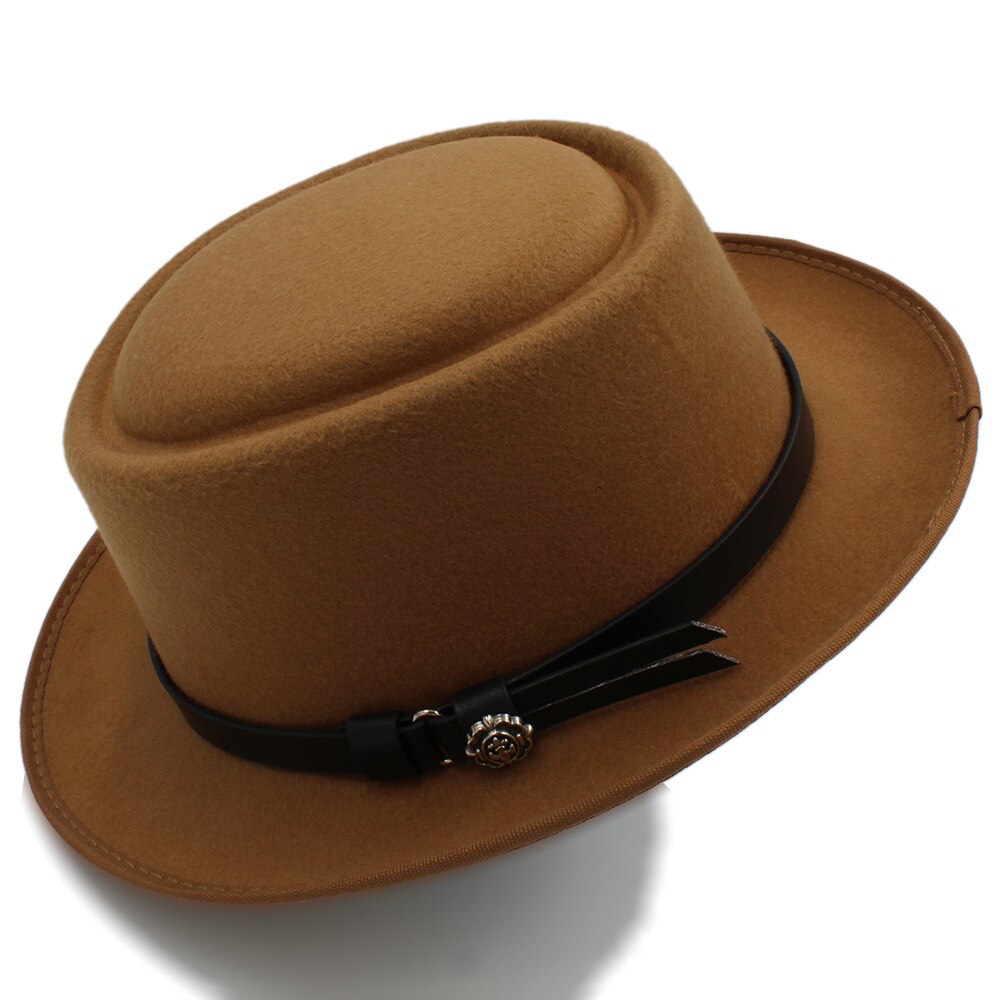 Women's Fedora Hat with Pork Pie Hat for Lady Church Wool Felt Hat Gambler Panama Trilby Hat Size 58cm: Khaki
