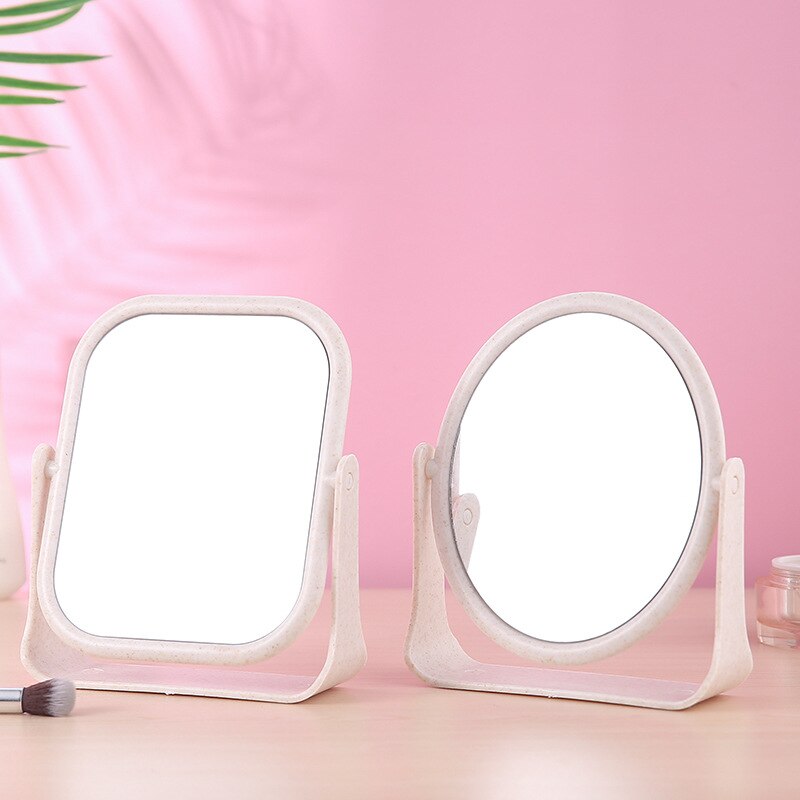 Miroir de maquillage rotatif Double face en paille de blé, de bureau, pour étudiant, de princesse, de vanité, ovale et carré