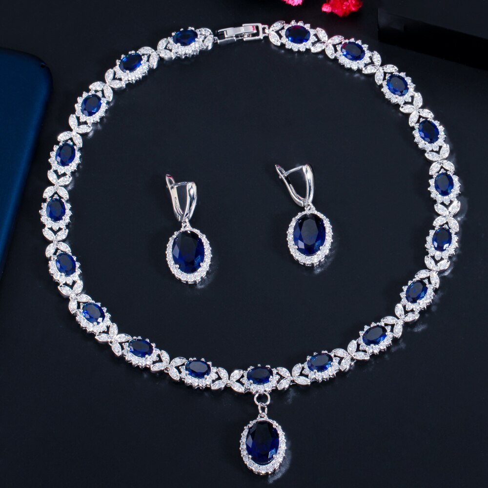 CWWZircons – collier en feuille de zircone cubique, couleur or blanc, bleu goutte, grand Costume de mariage pour femmes, ensemble de bijoux pour mariées, T523