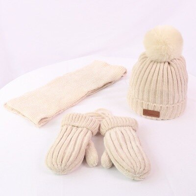 Børn vinter tredelt sæt varm plus fløjlhandske + hat + strikket tørklæde børn ensfarvet tilbehør til koldt vejr