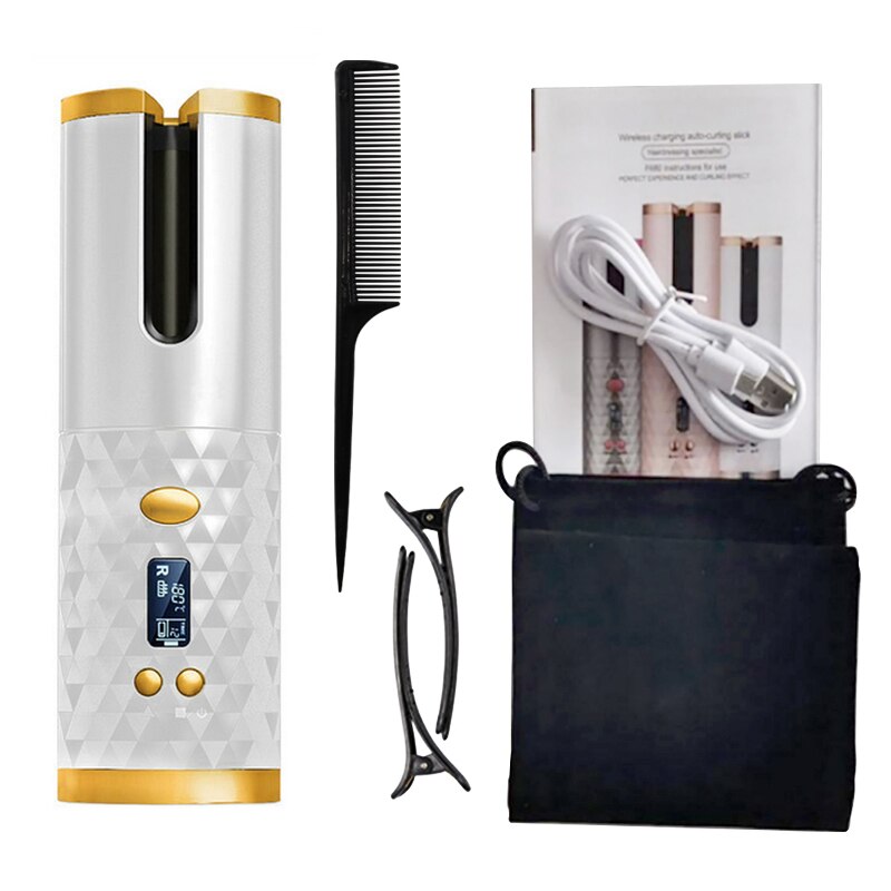 Hair Tools Portable Wireless Automatic Curling Iron Hair Curler USB Rechargeable with LCD Display for Woman: Type 1 White