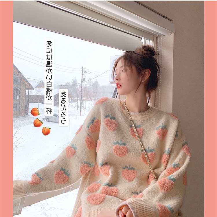 Primavera invierno dulce Lolita lindo Rosa dibujos animados fresa melocotón copo de nieve Knit mujeres Casual Pullover suéter suelto estilo largo Top