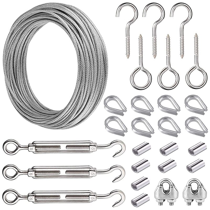 15M Garden Wire for Climbing Plants,Wire Fence Wire Rope Clips Turnbuckle Wire Tensioner for String Lights Hanging Kit