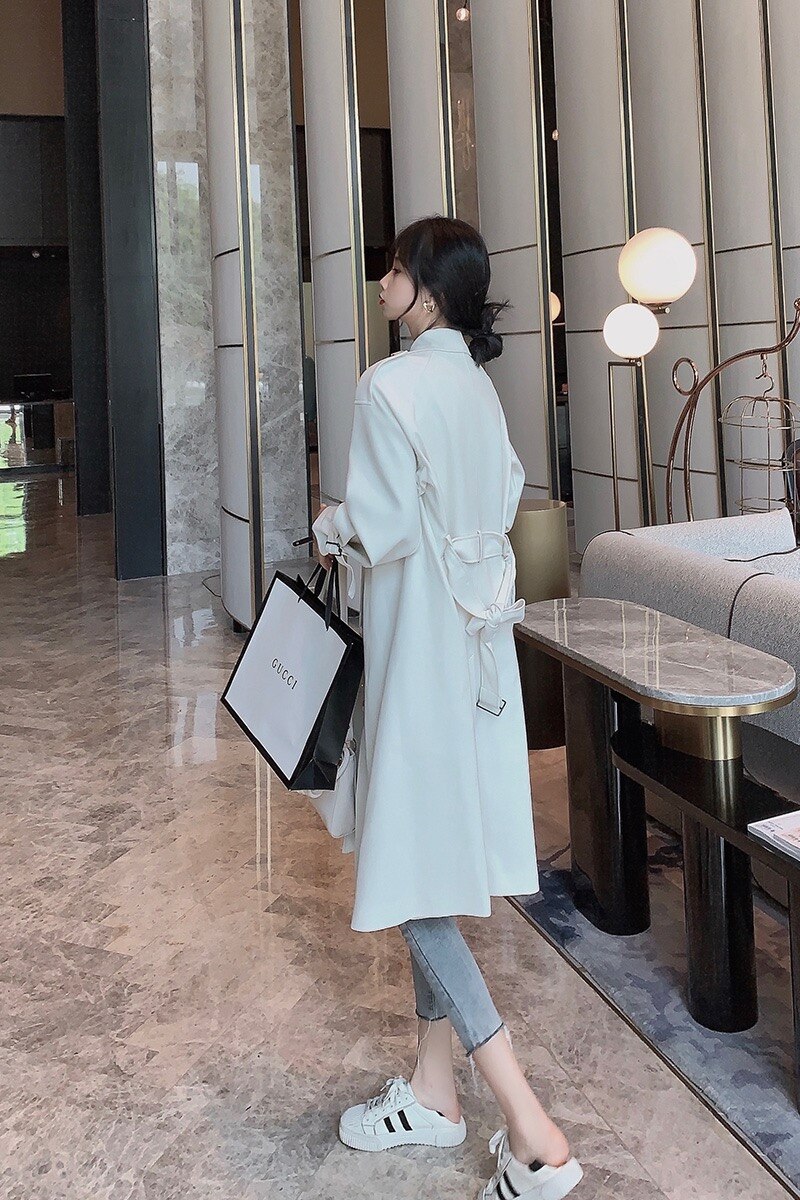 Autumn Winter Korean Long Knee Length Coat Women's White Windbreaker