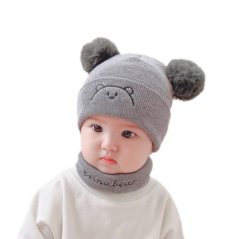 2Pcs Toddler Hat +Twitter Pompon Winter Children Hat Bonnet Enfant Knitted Cute Cap For Girls Boys 0-36 Months: 2PC gray