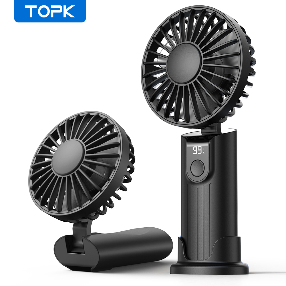 TOPK 5000 mAh tragbarer Mini-Ventilator, wiederaufladbarer USB-Handventilator, kleiner Taschenventilator, 3 Geschwindigkeiten mit Trageband und Basis, faltbarer USB-Schreibtischventilator: Licht Grau