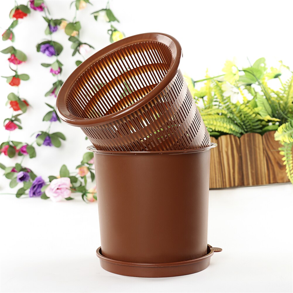 2 stk/sæt plastik potte orkidé potter med huller mesh net orkidé plante potter med bakker drænbar plante voksende potte: Brun 10cm