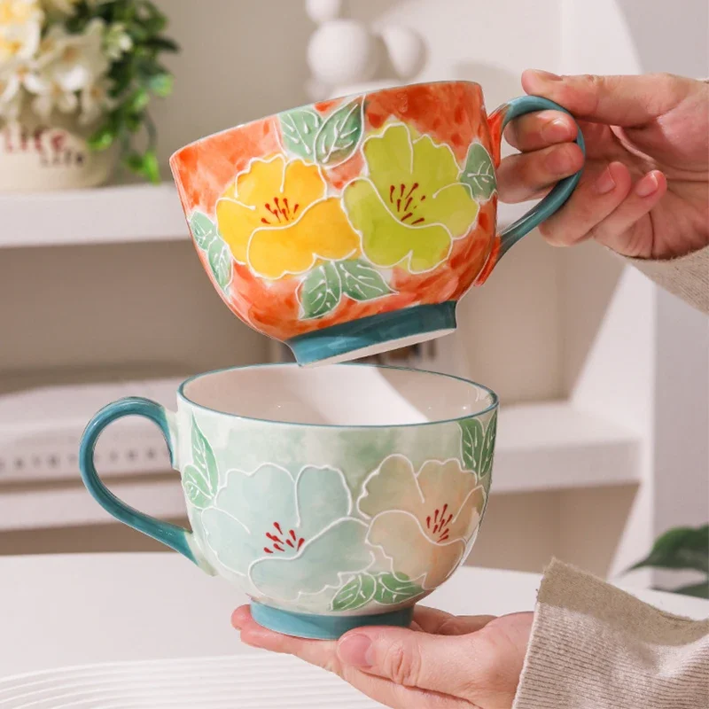Tasse en céramique de 500ml, bol de petit déjeuner glyptique fait à la main, tasse d'eau de grande capacité pour le bureau, tasse à café en porcelaine pour le thé de l'après-midi