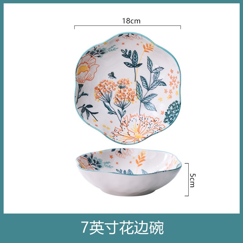 Keramische Diner Plaat Voedsel Platen Ins Stijl Creatieve Hand Getrokken Bloem Blauw Dessert Platen Taart Schotel Servies Set: 7 inch flower bowl