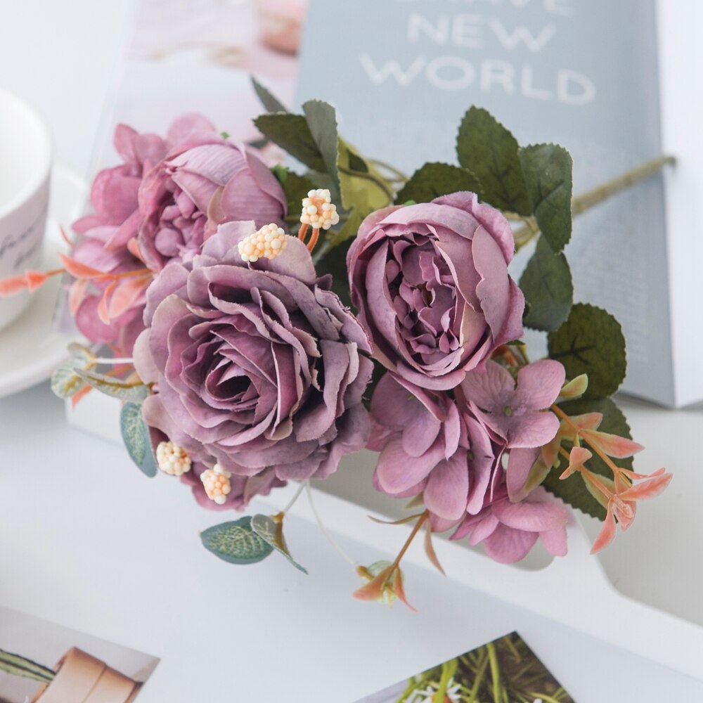 5 buntar rosa pionbukett konstgjorda blommor heminredningstillbehör bordsdukning bröllop dekorativ blomma: Lila