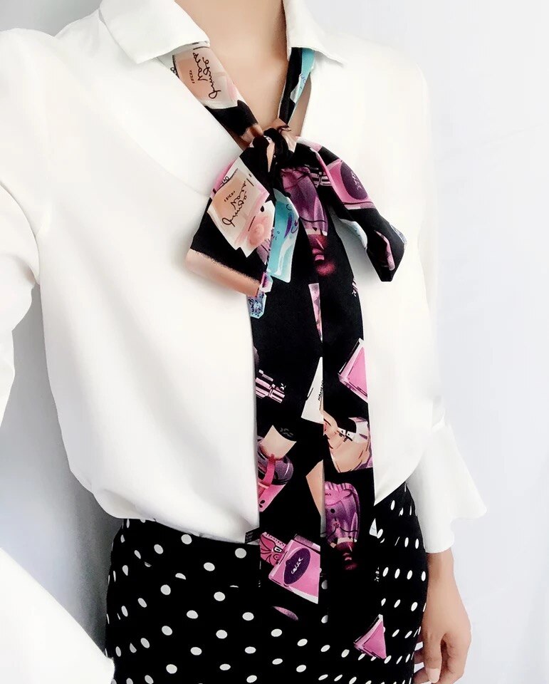 Bufanda de seda larga y estrecha para mujer, banda para la cabeza con estampado de , bolso de corbata pequeño, bufandas delgadas con cinturón de constelación japonesa: Marfíl