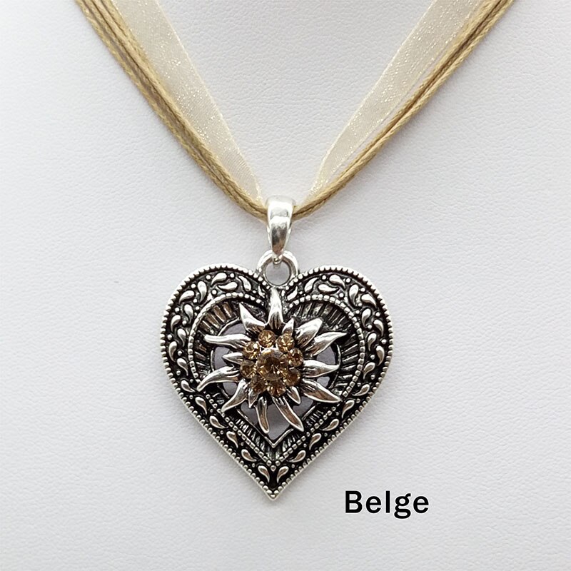 Vintage Carved Heart Edelweiss Flower Pendant Necklace Oktoberfest Beer Maid Costume Necklace Jewelry: belge